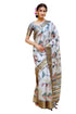 Vasthrlay Grey Mauve Geometric Triangle Print Polyester Saree With Muted Gold Zari Border And Teal Blue Ruched Unstitched Blouse Piece