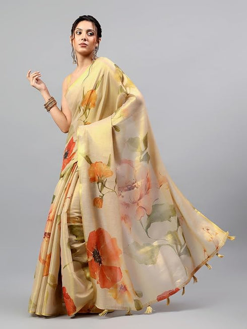 Vasthrlay Metallic Gold Heavy Zari Woven Silk Ethnic Saree With Unstitched Blouse