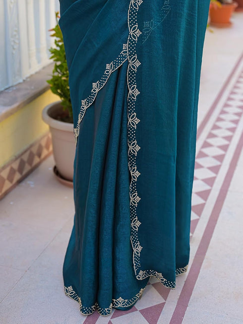 Vasthrlay Scalloped Embroidery Yellow Saree