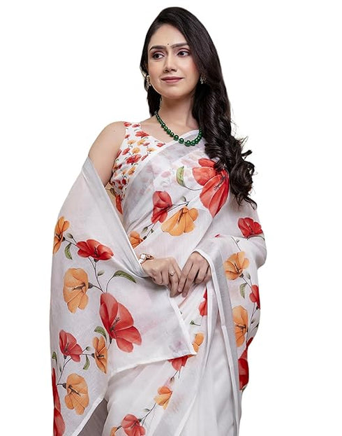 Siril Women'S Cotton Printed Zari Stripe Saree With Unstitched Blouse Piece