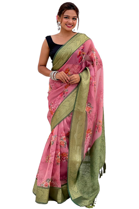 Vasthrlay Kanjivaram Organza Kalamkari Cream Purple Ethnic Wear