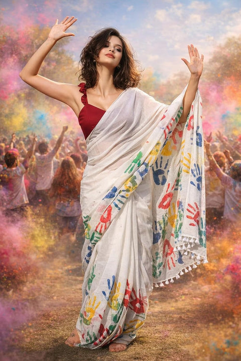 Vasthrlay Chanderi Printed Unstitched Cotton White Free Ethnic Wear