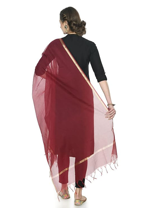 A R Silk Women's Golden Border Maroon Colour Chanderi Cotton Regular Dupattas