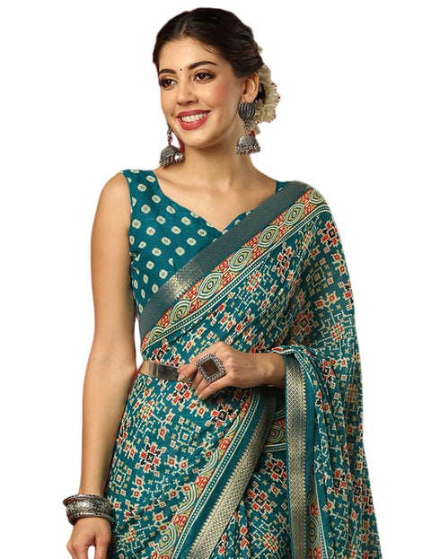 Vasthrlay Georgette Bandhani Teal Green Saree With Unstitched Blouse Piece