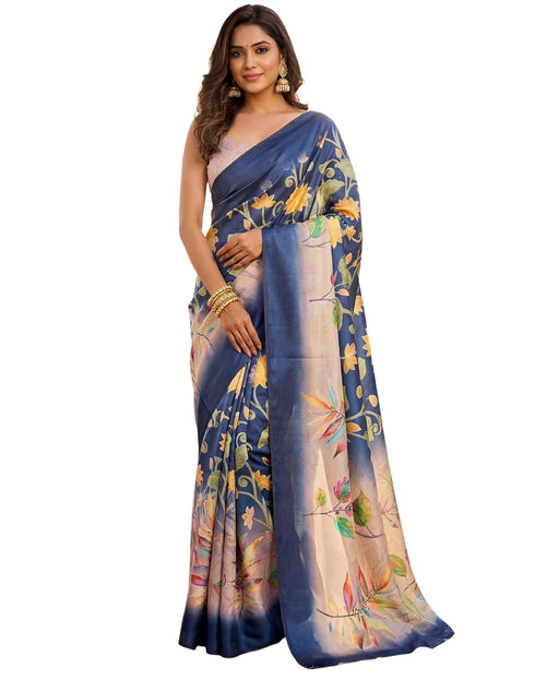 Vasthrlay Womens Printed Unstitched Navy Blue Saree