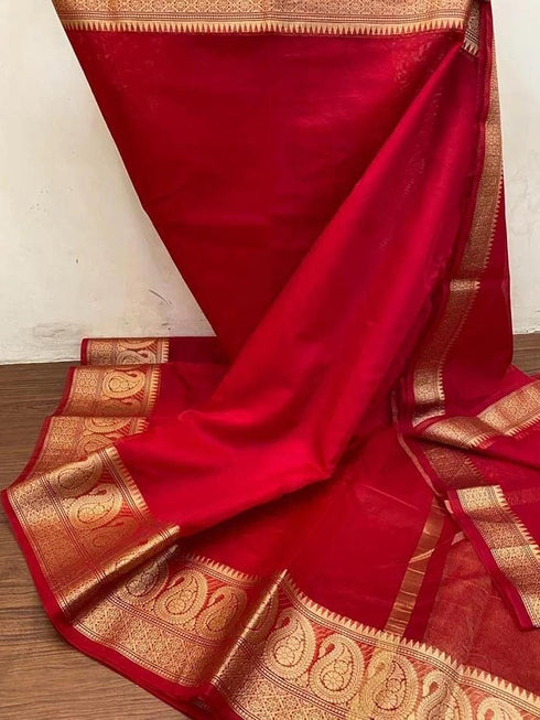 Vasthrlay Womens Organza Red Saree With Unstitched Blouse Piece