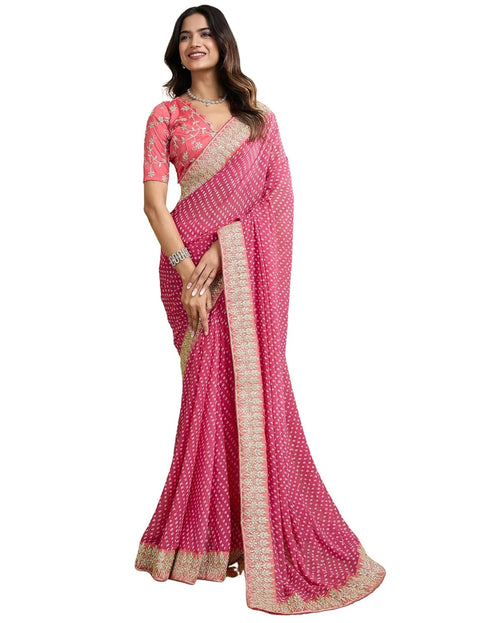 Vasthrlay Georgette Bandhani Unstitched Dark Green Saree