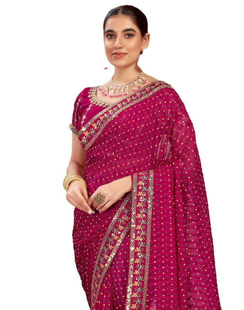 Vasthrlay Bandhani Embroidery Rani Pink And Golden Border Saree With Unstitched Blouse Piece