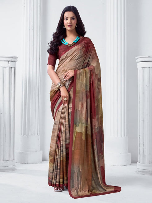 Vasthrlay Abstract Printed Dark Beige Saree With Unstitched Blouse Piece