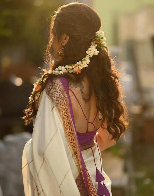 Vasthrlay Kanjivaram Jacquard Cream And Purple Saree With Unstitched Blouse Piece