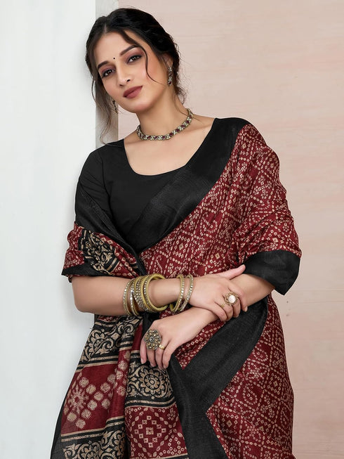 Vasthrlay Bandhani Printed Maroon Saree With Unstitched Blouse Piece