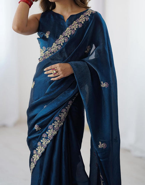 Vasthrlay Scalloped Embroidery Unstitched Rani Pink Saree