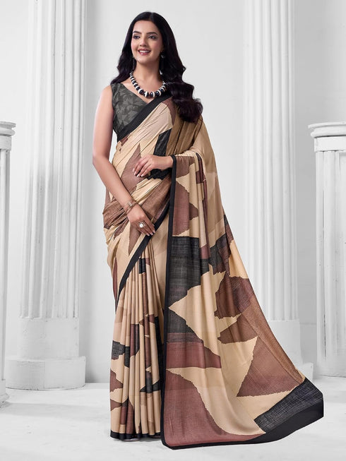 Vasthrlay Abstract Printed Beige Saree With Unstitched Blouse Piece