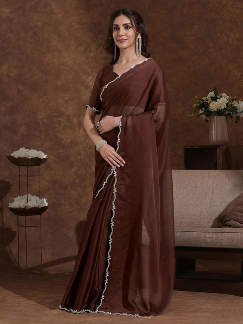Vasthrlay Chiffon Scalloped Brown Saree