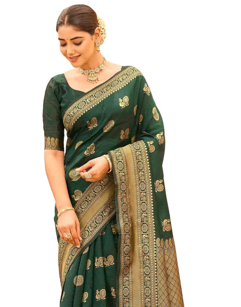 Vasthrlay Womens Weaving Unstitched Dark Green Saree