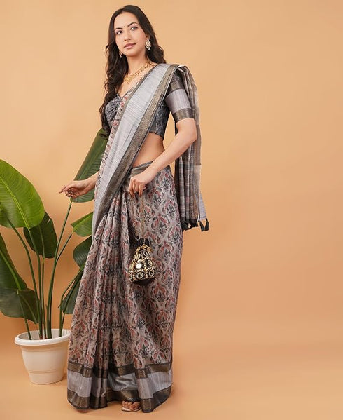 Vasthrlay Slate Grey Abstract Floral Polyester Saree With Zari Border And Ruched Unstitched Blouse Piece
