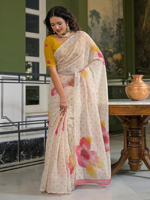Vasthrlay Printed Off White Off White Saree