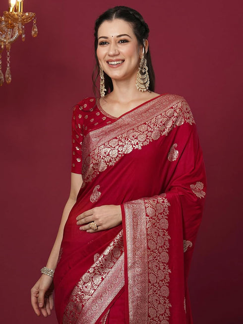 Vasthrlay Banarasi Weaving Red Saree