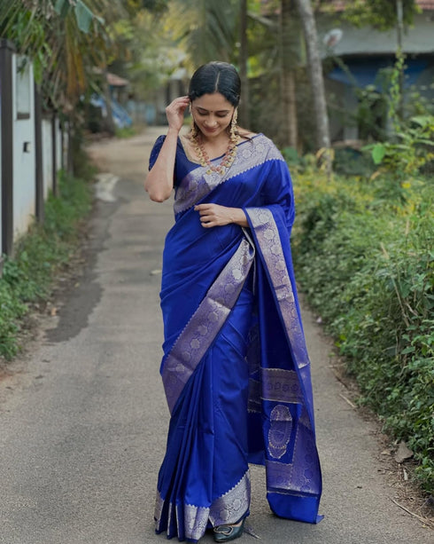 Vasthrlay Blue Banarasi Traditional Unstitched Saree