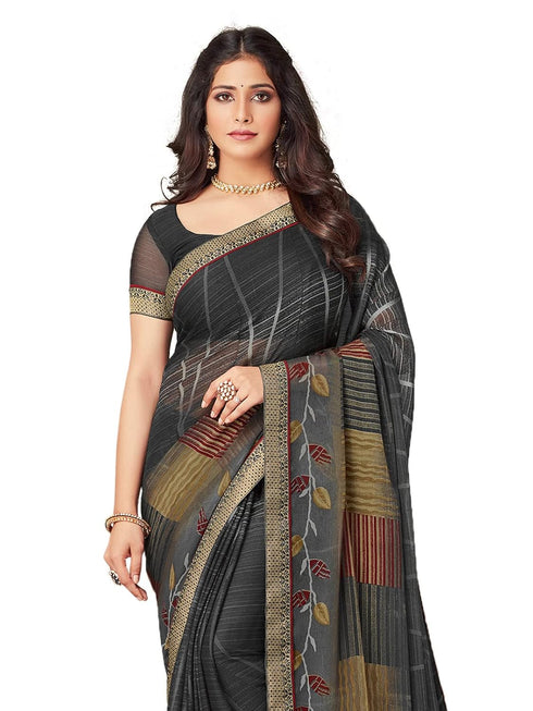 Vasthrlay Chiffon Tassels Unstitched Dark Green Saree