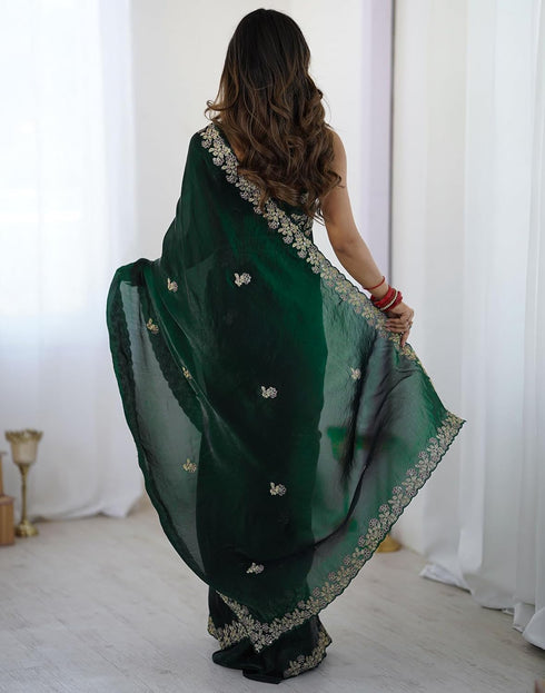Vasthrlay Scalloped Embroidery Unstitched Rani Pink Saree