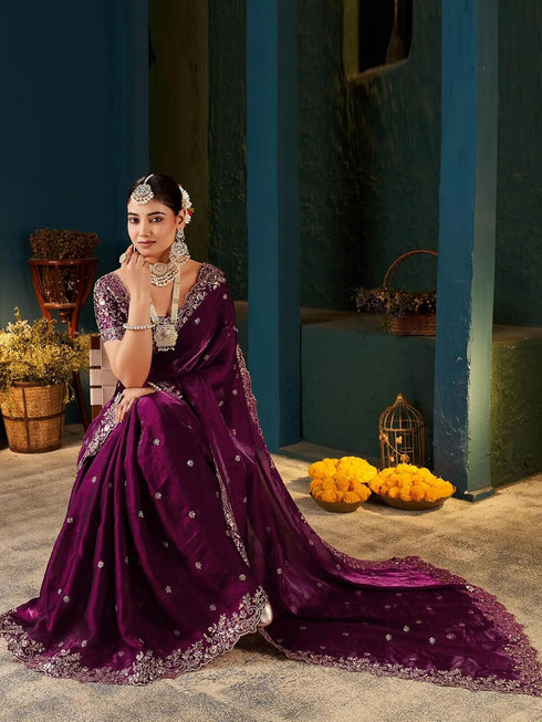 Vasthrlay Scalloped Embroidery Unstitched Rani Pink Saree
