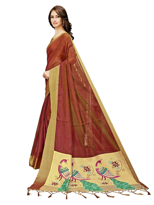 Vasthrlay Cotton Jari Digital Brown Gold Ethnic Wear