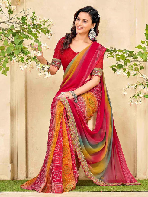 Vasthrlay Georgette Bandhani Unstitched Pink Saree