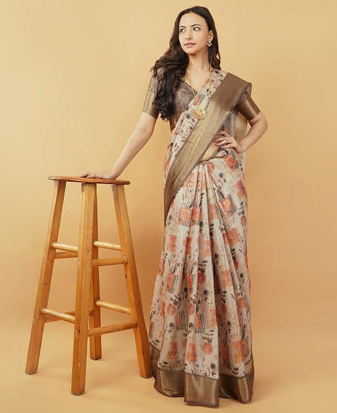 Vasthrlay Cream Rust Abstract Print Polyester Saree With Zari Border And Unstitched Blouse Piece