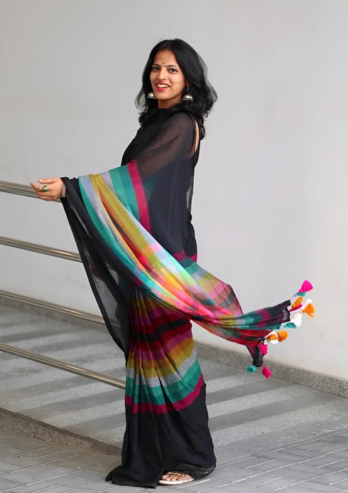 Vasthrlay Black Unstitched Saree