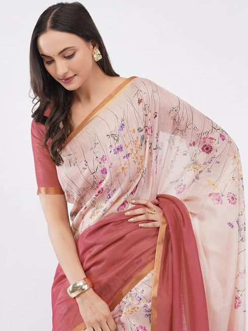 Vasthrlay Womens Peach Floral Digital Print Linen Saree With Unstitched Blouse Piece