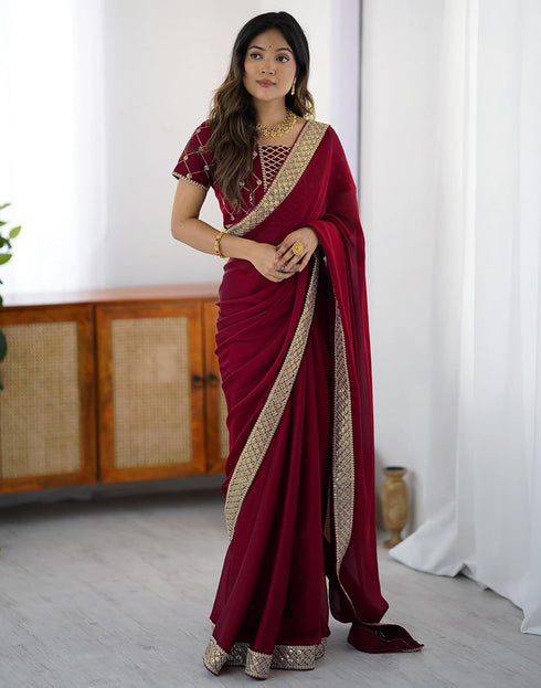 Vasthrlay Sequence Embroidery Unstitched Dark Green Saree