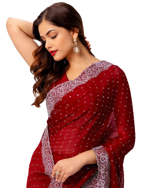 Vasthrlay Chiffon Scalloped Unstitched Maroon Saree