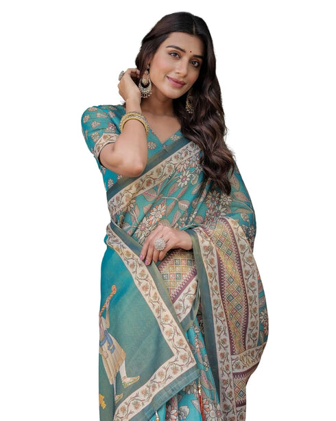 Vasthrlay Handloom Cotton Turquoise Saree