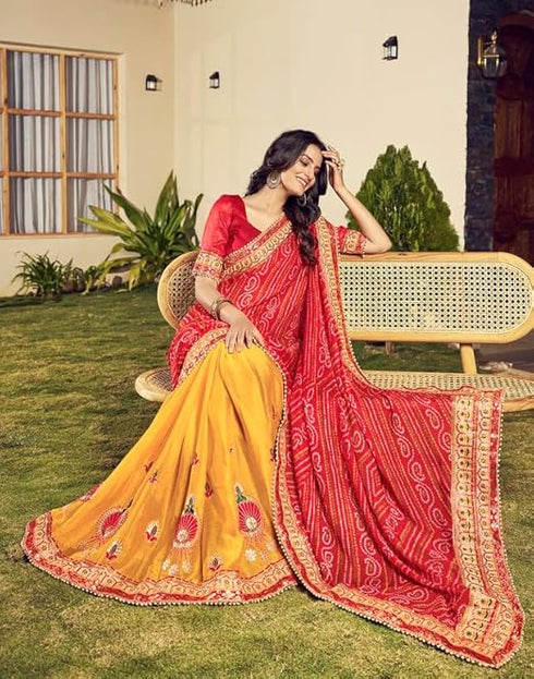 Vasthrlay Bandhani Embroidery Unstitched Red Saree