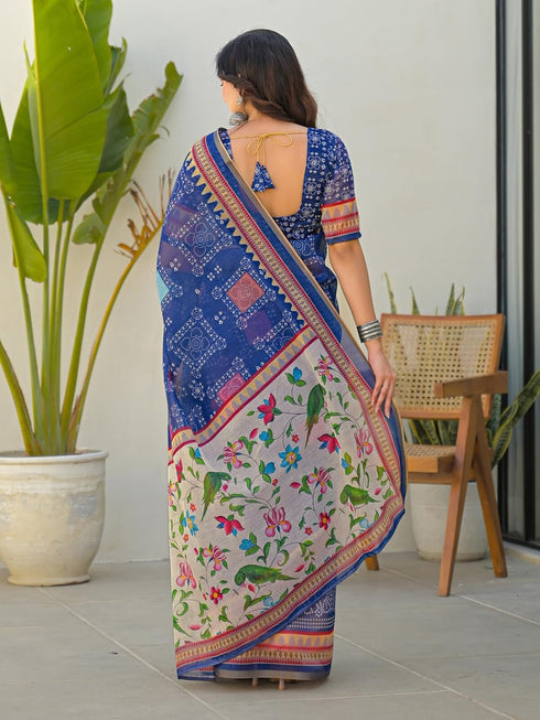 Vasthrlay Bandhani Embroidery Unstitched White Saree