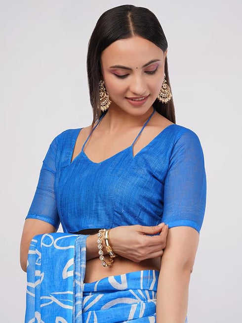 Vasthrlay Blue 1 Womens Printed Linen Saree With Unstitched Blouse Piece