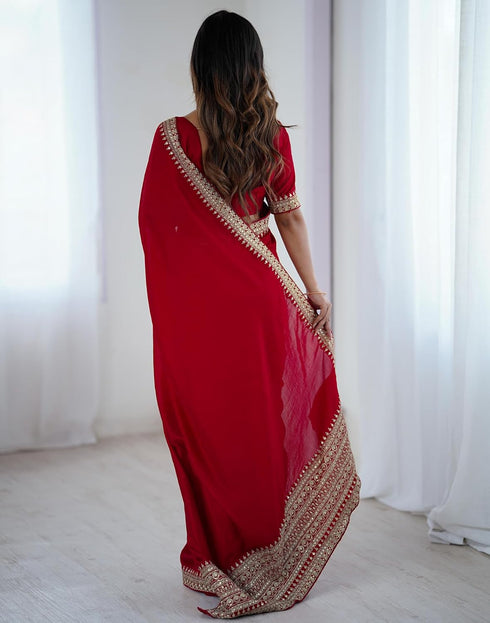 Vasthrlay Sequence Embroidery Unstitched Red Saree