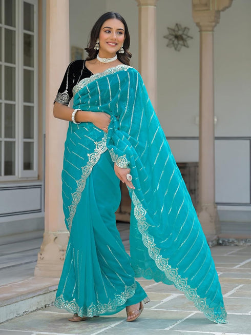 Vasthrlay Embroidery Scalloped Unstitched Navy Blue Saree