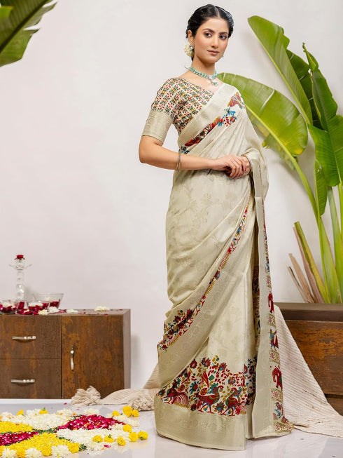 Vasthrlay Weaving Printed Off White Off White Saree