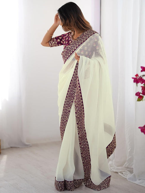 Vasthrlay Shimmer Embroidery Unstitched Off White Saree