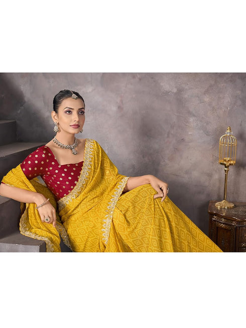 Vasthrlay Georgette Embrodery Yellow Saree With Unstitched Blouse Piece