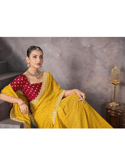 Vasthrlay Georgette Embrodery Unstitched Yellow Saree