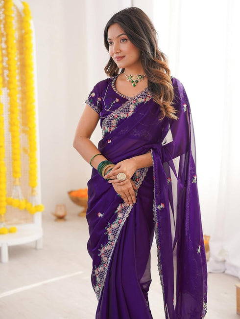 Vasthrlay Sequins Embroidery Green Saree