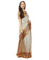 Vasthrlay Off White Geometric Triangle Print Polyester Saree With Muted Gold Zari Border And Teal Blue Ruched Unstitched Blouse Piece