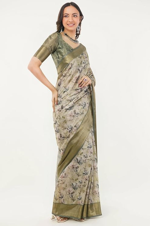 Vasthrlay Sage Green Patchwork Print Polyester Saree With Zari Border And Unstitched Blouse Piece