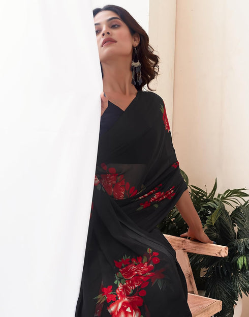 Vasthrlay Georgette Sequence Black And Red Saree With Black Unstitched Blouse Piece
