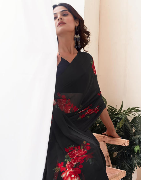 Vasthrlay Georgette Sequence Unstitched Black Saree