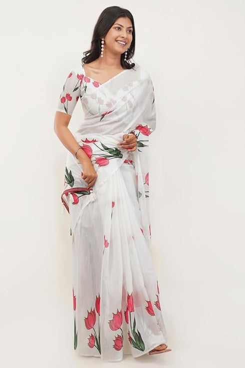 Vasthrlay Off White Striped | Floral | Solid Print Design Linen Saree With Solid Unstitched Linen Blouse Piece