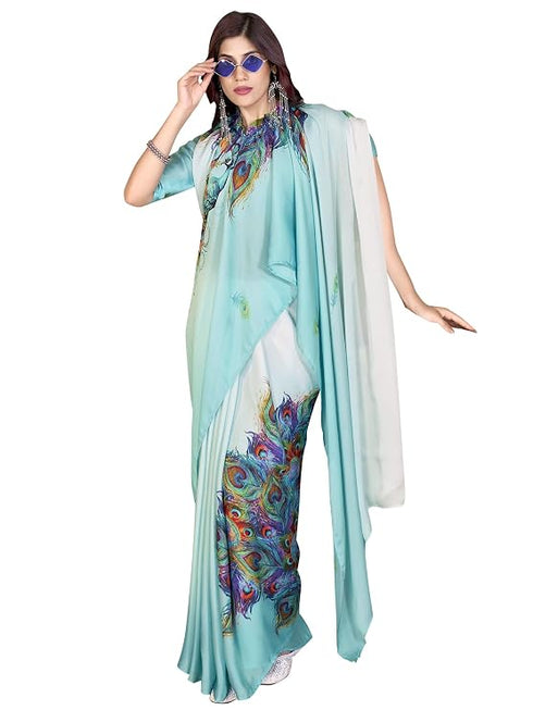 Vasthrlay Printed Kaftan Freehand Light Blue Women's Satin Saree With Unstitched Blouse Piece